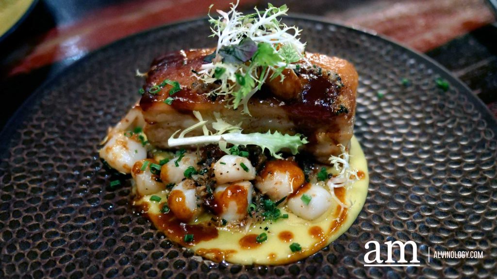Pork Belly with Scallops ($68++), served with braised cabbage and corn puree