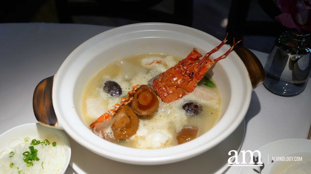 Poached Boston Lobster with Abalone, Scallop and Fresh Fish Maw, Mushroom and Vegetable in Rich Chicken Broth served with Steamed Rice or Rice Vermicelli