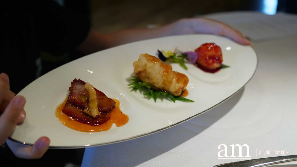 Deep-Fried Lobster Roll with Mango and Cheese, Wok-Fried Cod Fish Coated with Cherry Sauce and Honey-Glazed Barbecued Arvinyó Omega 3 Pork Char Siew with Lemongrass