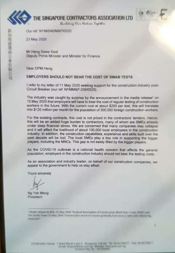 Singapore Contractor's Association refuses to pay for 300,000 foreign workers' swab tests; BCA to the rescue - Alvinology
