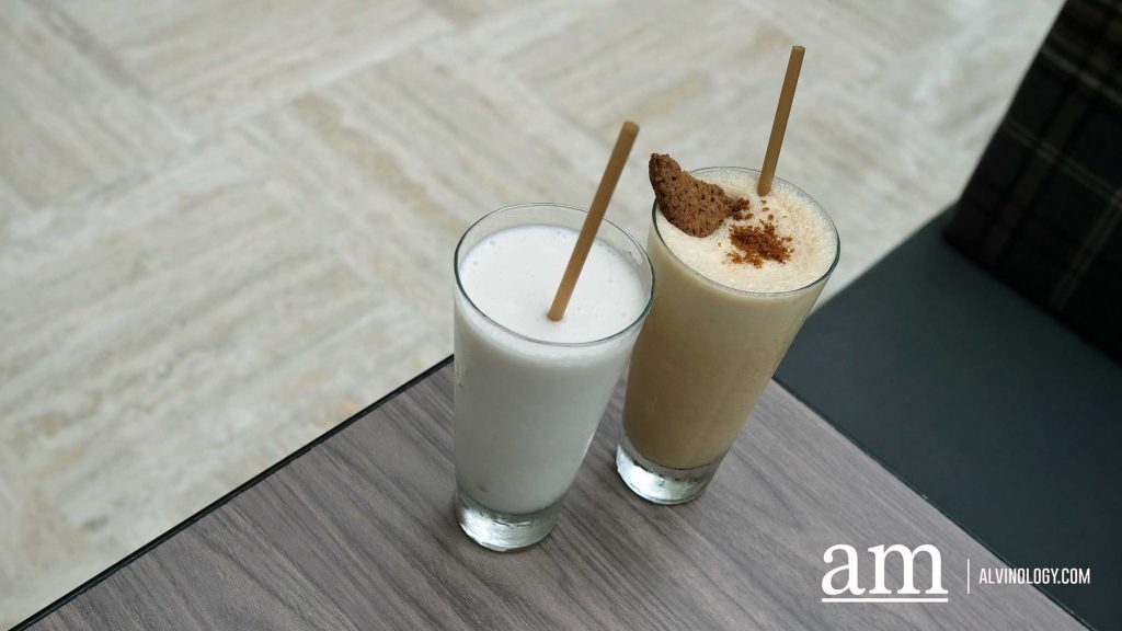 Kale Almond milkshake (S$10) - left