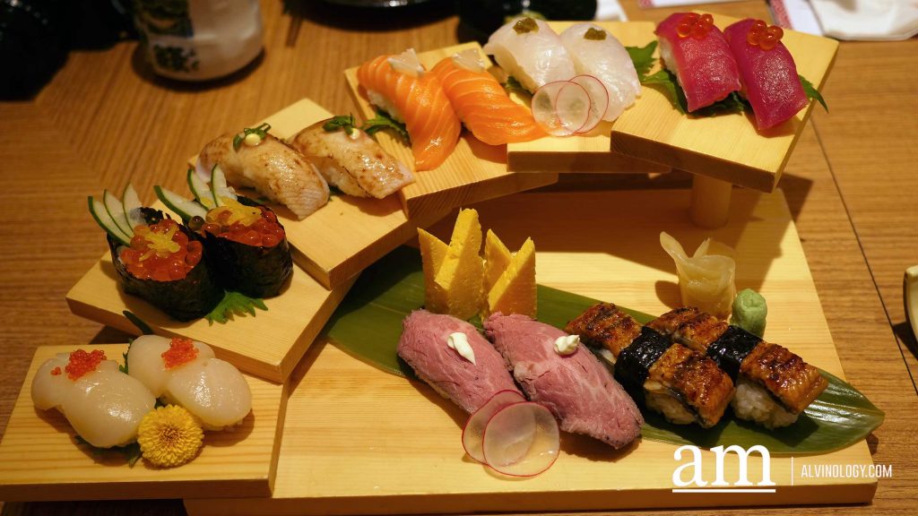 Premium Sushi Moriawase $45.90 (Madai, Hamachi yellow tail, Salmon, Maguro, Roasted Beef, Unagi, Scallop, Ikura Salmon Roe) 