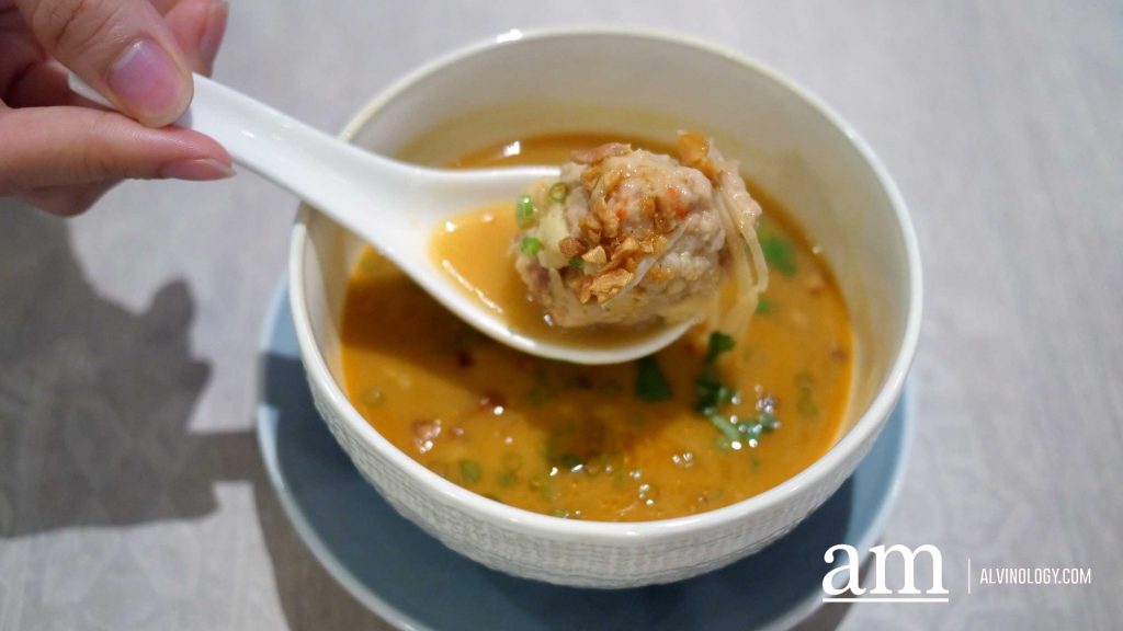 Pong Tauhu (per pax), meatball made from hand-chopped pork meat, shrimps and tofu served with prawns, chicken and pork broth with bamboo shoots and seasoned fermented soybean paste - $10