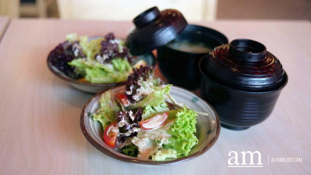 Salad and miso soup which comes in the set