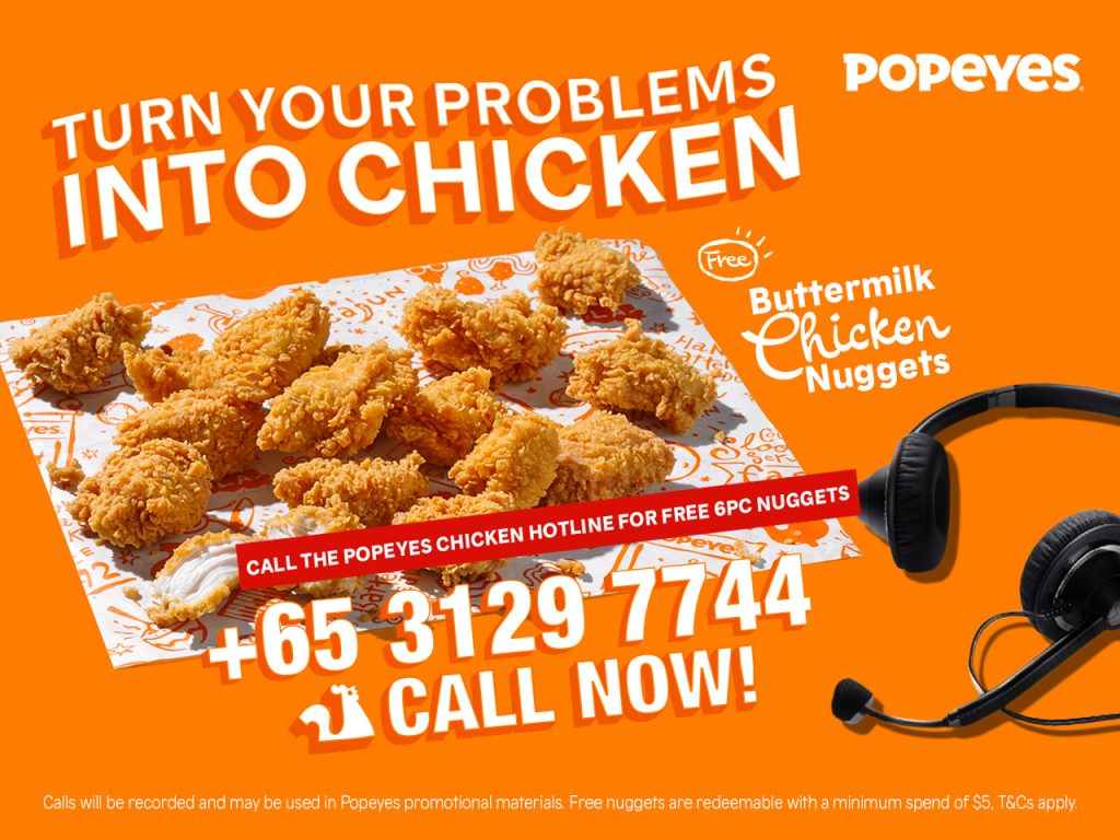 Popeyes Singapore launches a toll-free number you can call to vent about your struggles and receive FREE 6-piece Buttermilk Chicken Nuggets - Alvinology