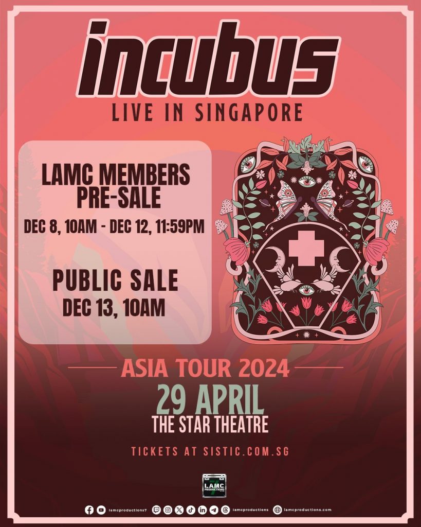 Incubus Set to Rock Singapore on Their 2024 Asia Tour; Pre-sale Tickets start on 8 December - Alvinology