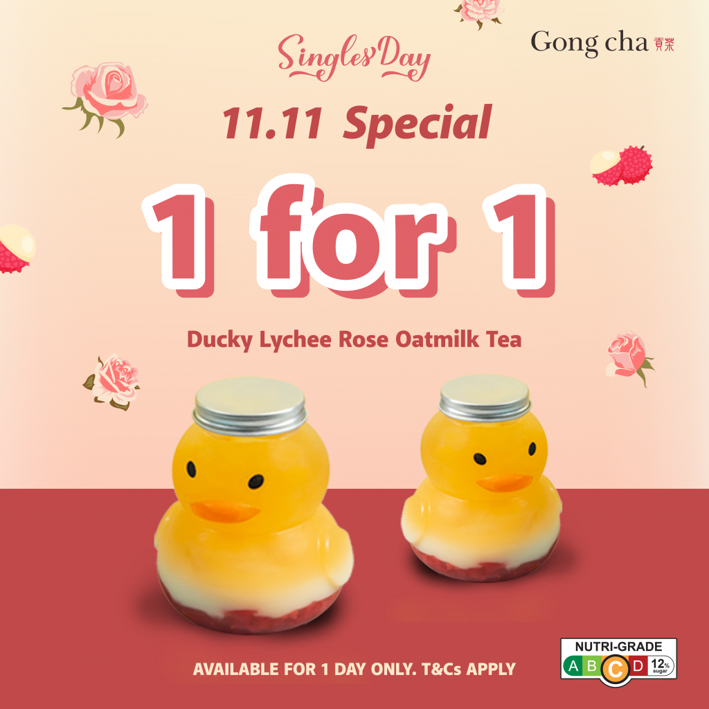 Celebrate Singles' Day with Gong cha’s 1-FOR-1 Ducky Lychee Rose Oatmilk Tea Deal - Alvinology