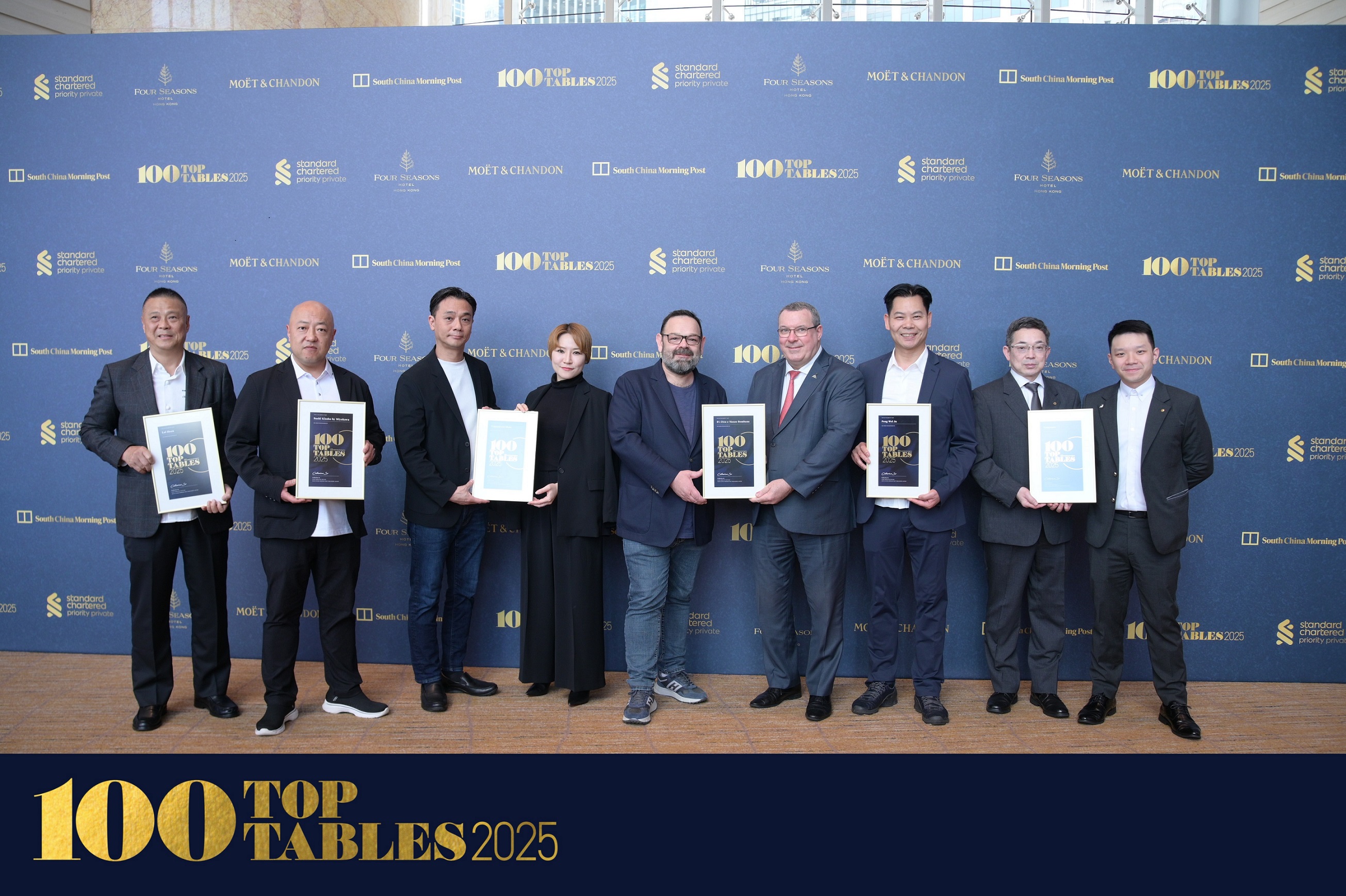 StarWorld Hotel and Galaxy Macau™ Triumph on the 2025 '100 TOP TABLES' by the South China Morning Post with Six Restaurants on The List From left to right: Jackie Ho Hon-sing, Chinese Executive Chef of The Ritz-Carlton, Macau; Hironori Satake, Executive Chef of Sushi Kissho by Miyakawa; Norihisa Maeda, Executive Chef of Teppanyaki Shou; Amy Jo, Executive Manager of Sushi Kissho by Miyakawa and Teppanyaki Shou; Marino D'Antonio, Executive Chef of 8½ Otto e Mezzo BOMBANA at Galaxy Macau; Herve Pennequin, Assistant Vice President of Beverage at Galaxy Entertainment Group; Chan Chek Keong, Assistance Vice President of Food & Beverage Culinary of StarWorld Hotel and Executive Chef of Feng Wei Ju; Hayashi Hideaki, Executive Chef of Yamazato and Marco Chan, Manager of Yamazato.