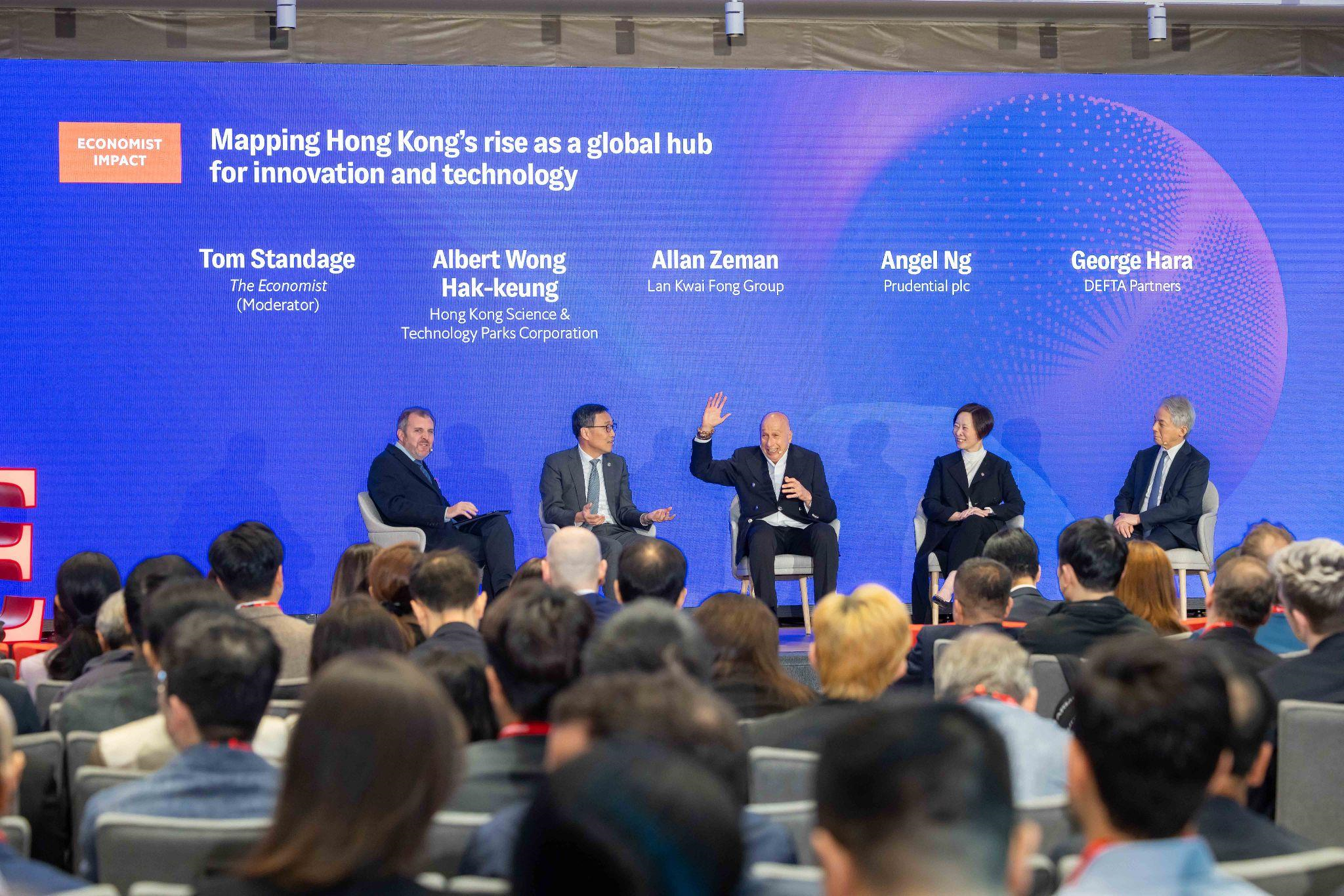 Asia's digital future takes centre stage at Economist Impact's 5th annual Technology for Change Asia in Hong Kong Photo caption: Albert Wong Hak-keung, chief executive officer of Hong Kong Science & Technology Parks Corporation, Allan Zeman, chairman of Lan Kwai Fong Group, Angel Ng, regional CEO, Greater China of Prudential plc, George Hara, group chairman and CEO of DEFTA Partners and Tom Standage, deputy editor of The Economist, engage in a conversation at Technology for Change Asia.