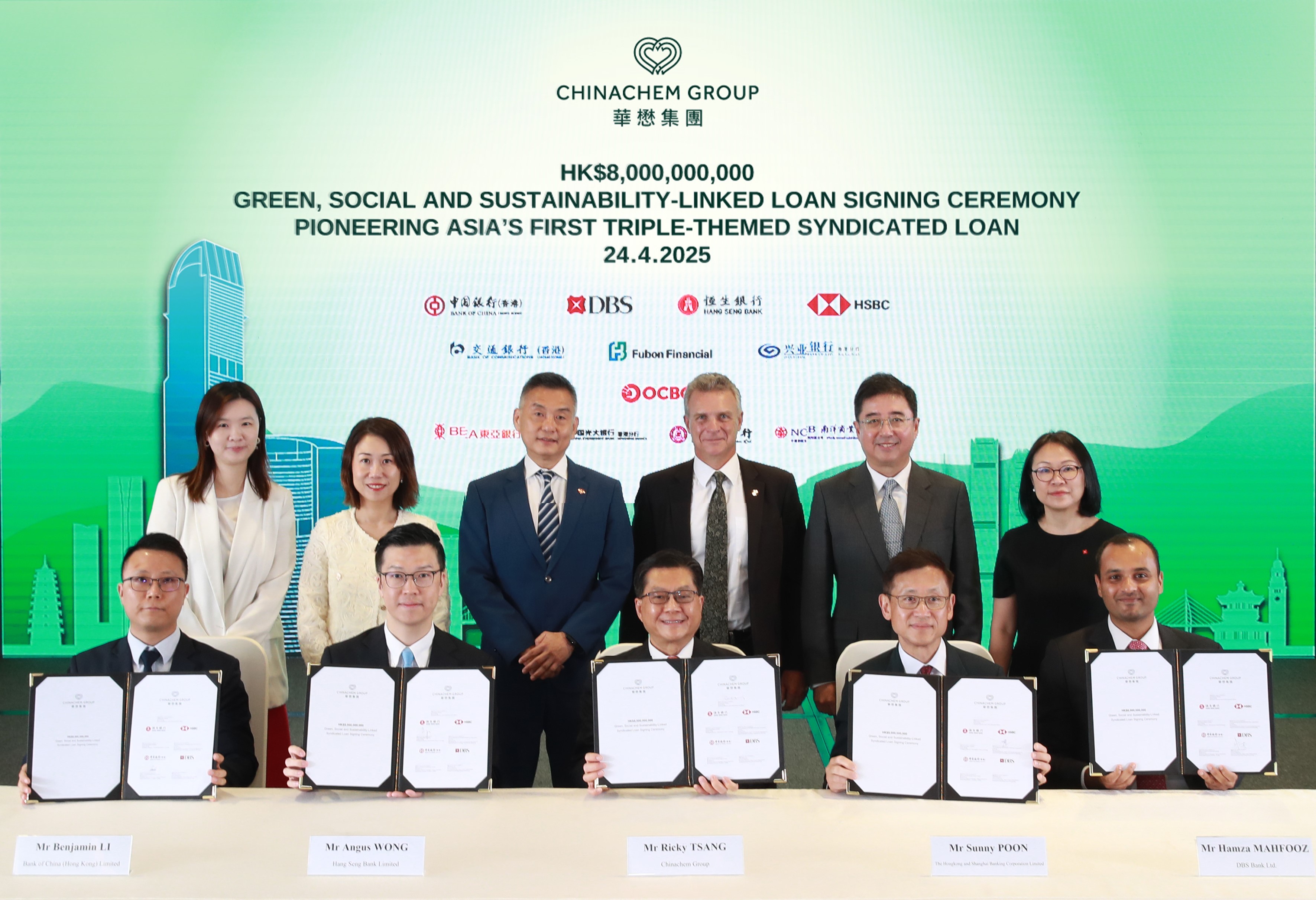 Chinachem Group Pioneers Asia’s First Triple-Themed Syndicated Loan Chinachem Group seals a key financial partnership with Bank of China (Hong Kong) Limited, DBS Bank Hong Kong, Hang Seng Bank Limited, and The Hongkong and Shanghai Banking Corporation Limited at the Signing Ceremony of the HK$8,000,000,000 Green, Social and Sustainability-Linked Syndicated Loan in Hong Kong on 24 April 2025.