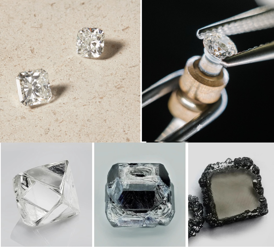 GIA Redefines Lab-grown Diamond Grading Standards Discontinuation of 4Cs Grading System Enhances Differentiation Between Natural and Lab-Grown Diamonds Upper left to right: Asscher-cut and cushion-cut natural diamonds; clarity grading for natural diamonds/ Lower left to right : natural diamond rough, HPHT diamond (LGD) rough, CVD diamond (LGD) rough