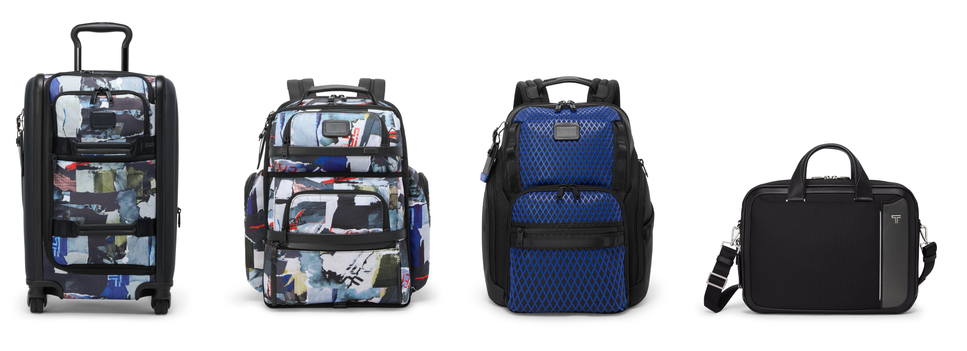 TUMI Highlights Vibrancy Of New York City With Fall 2025 Collections (L to R): Alpha International Expandable Front Lid 4-Wheeled Carry-On, Brief Pack in Poster Print, Alpha Bravo Search Backpack in Electric Blue, Arrivé Hannover Slim Brief in Black