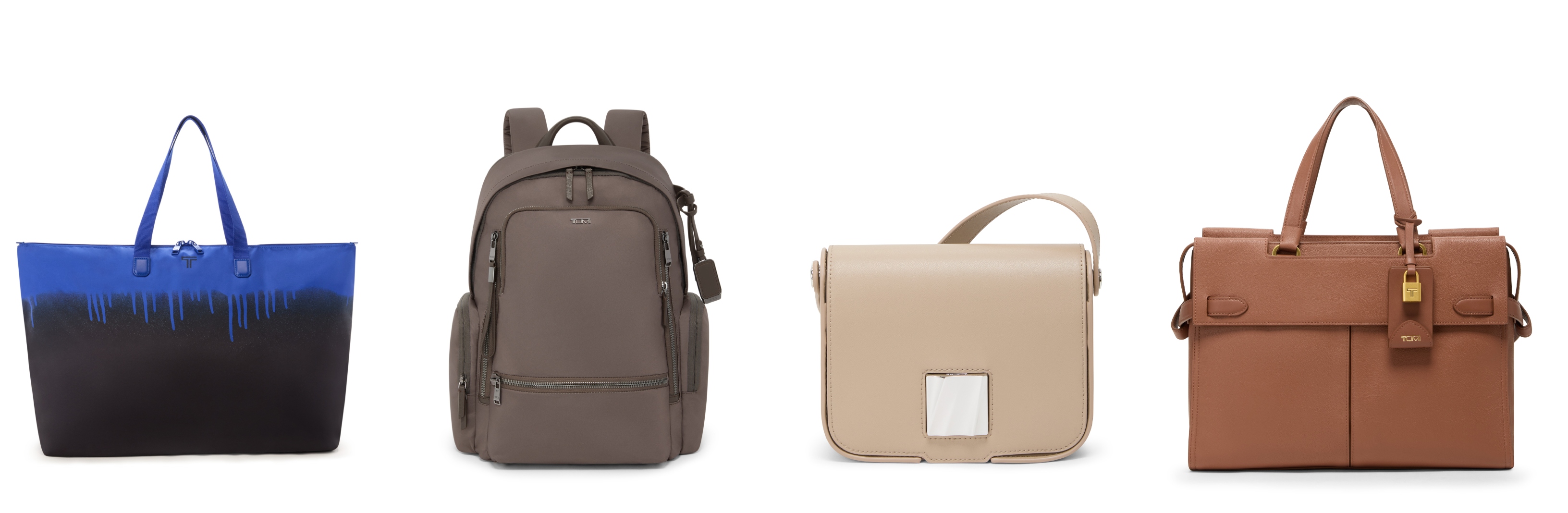 TUMI Highlights Vibrancy Of New York City With Fall 2025 Collections (L to R): Voyageur Just In Case® Tote in Electric Blue Spray Paint, Celina Backpack in Mink, Olas Small Shoulder Bag in Oat and Agent Medium Tote in Sienna