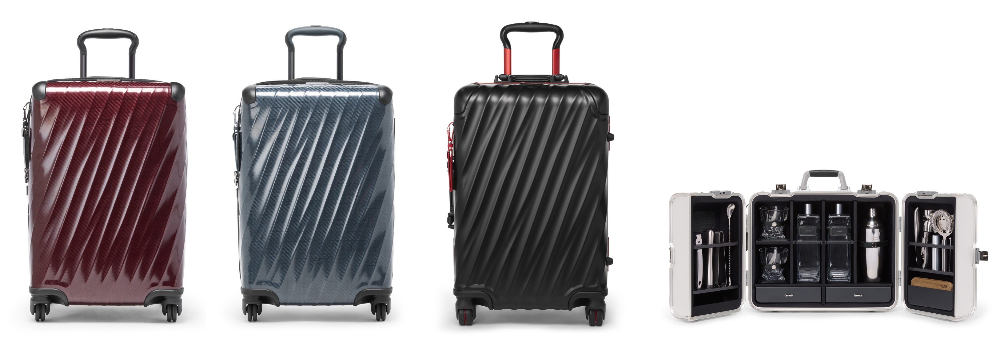 TUMI Highlights Vibrancy Of New York City With Fall 2025 Collections (L to R): 19 Degree Lite International 4-Wheeled Carry-On in Wine and Pavement, 19 Degree Aluminum International Carry-On in Black/Red and 19 Degree Aluminum Bar Set