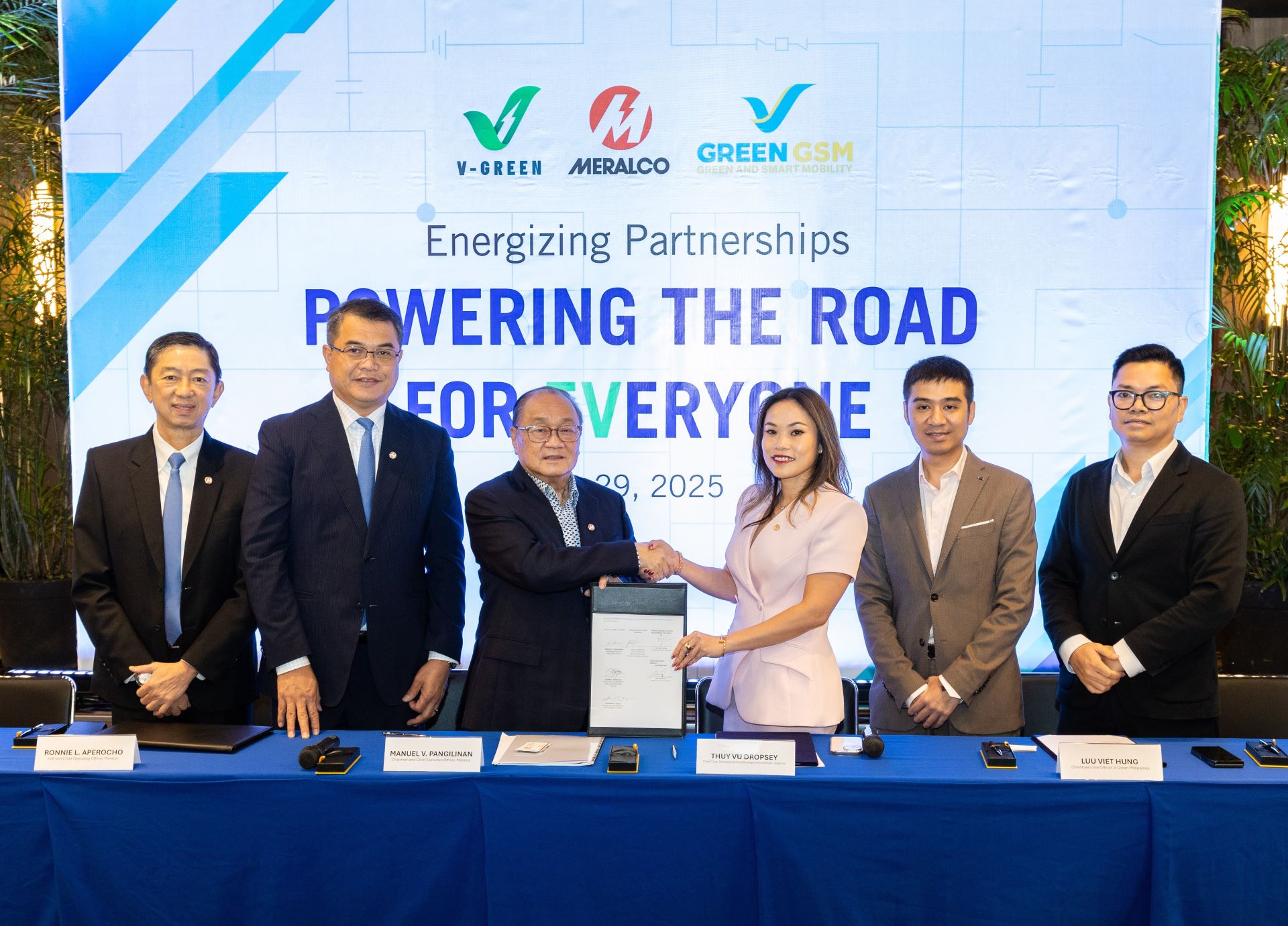 V-GREEN and GSM Philippines sign strategic partnership with MERALCO to promote EV infrastructure development in the Philippines Representatives of V-Green, Green GSM Philippines, and Meralco at the signing ceremony