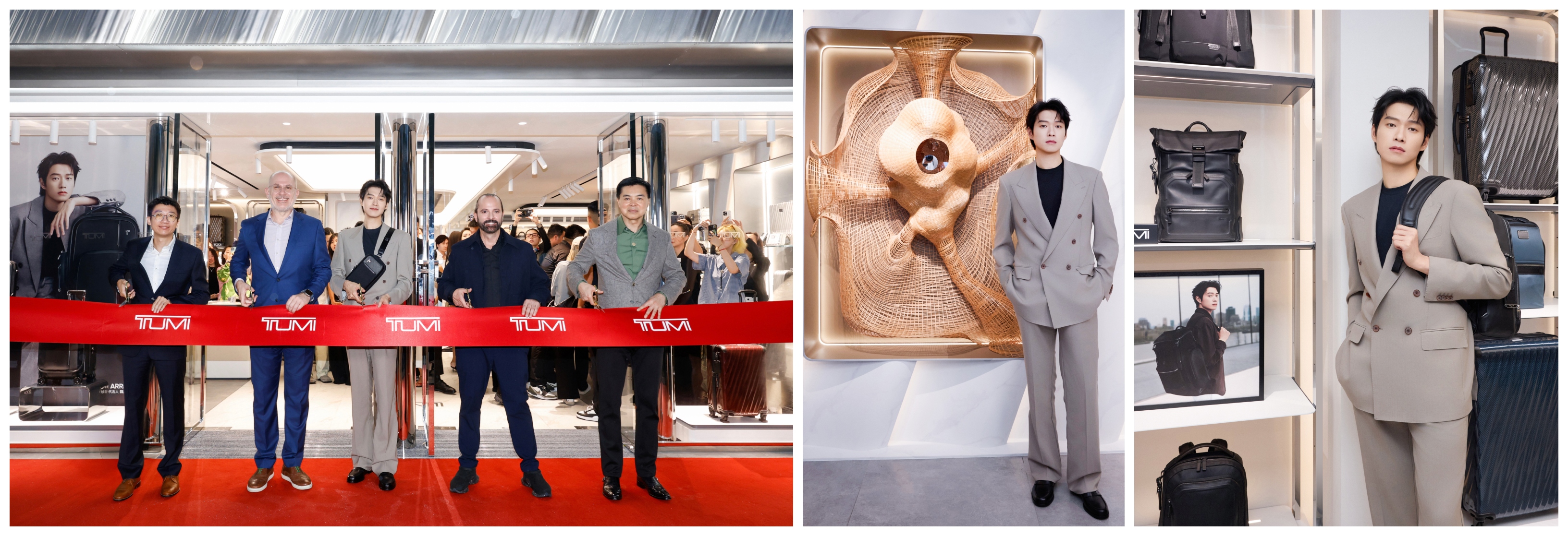 TUMI Celebrates Grand Opening of First China Flagship Store at Shanghai Centre (Left) TUMI China, Senior Director Julian Yung, Vice President of Asia Pacific and Middle East Aris Maroulis, TUMI Asia-Pacific Brand Ambassador Wei Daxun, TUMI Creative Director Victor Sanz, Executive Vice President and COO of Shanghai Centre Byron Kan (Jian Bailuan), taking part in the ribbon-cutting ceremony. (Right) TUMI Asia-Pacific Brand Ambassador Wei Daxun at the new TUMI Flagship Store in Shanghai