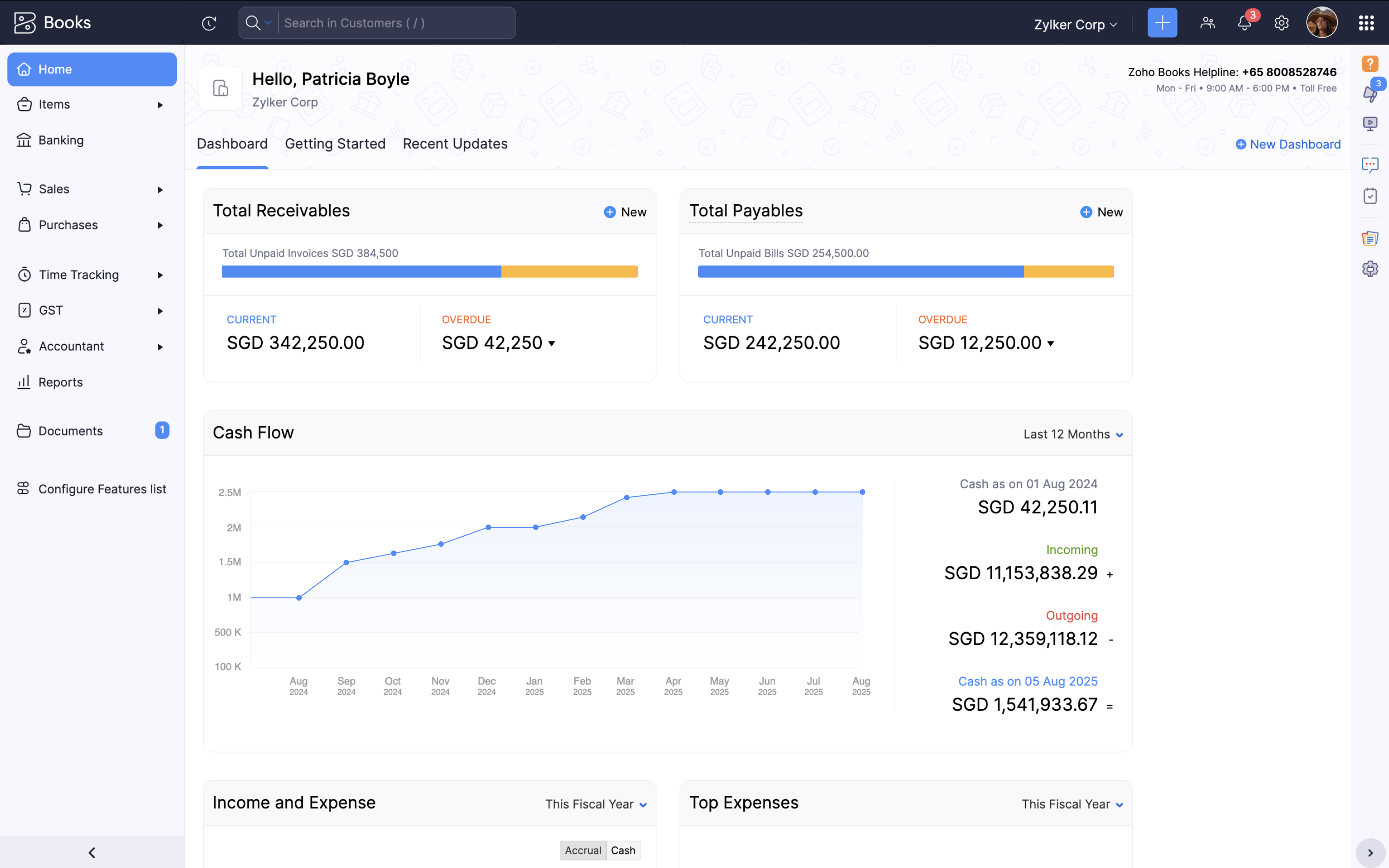 Zoho Launches Zoho Books Singapore edition Your business at a glance with the Dashboard in the Singapore edition of Zoho Books