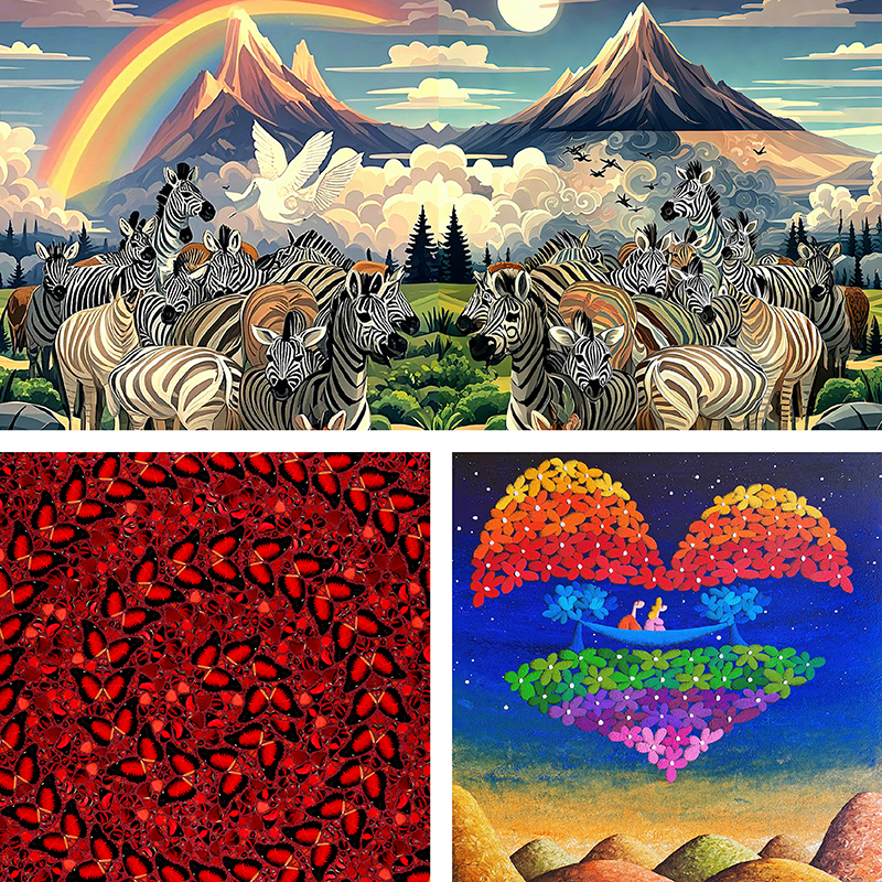 Hotel Artz Fair Unveils Global Lineup Featuring Basquiat Showcase and ULTRAMAN’s First-Ever Art Collaboration Outside Japan (Top) Ethnic Group 7 (detail), Liu Liguo, Room 4510; (Bottom Left) Taytu Betul (detail), Damien Hirst, TANYA BAXTER CONTEMPORARY, Rooms 4507 & 4508; (Bottom Right) Journey of Being Deeply in Love and Side by Side (detail), Coplu, V’Art Space, Room 4512