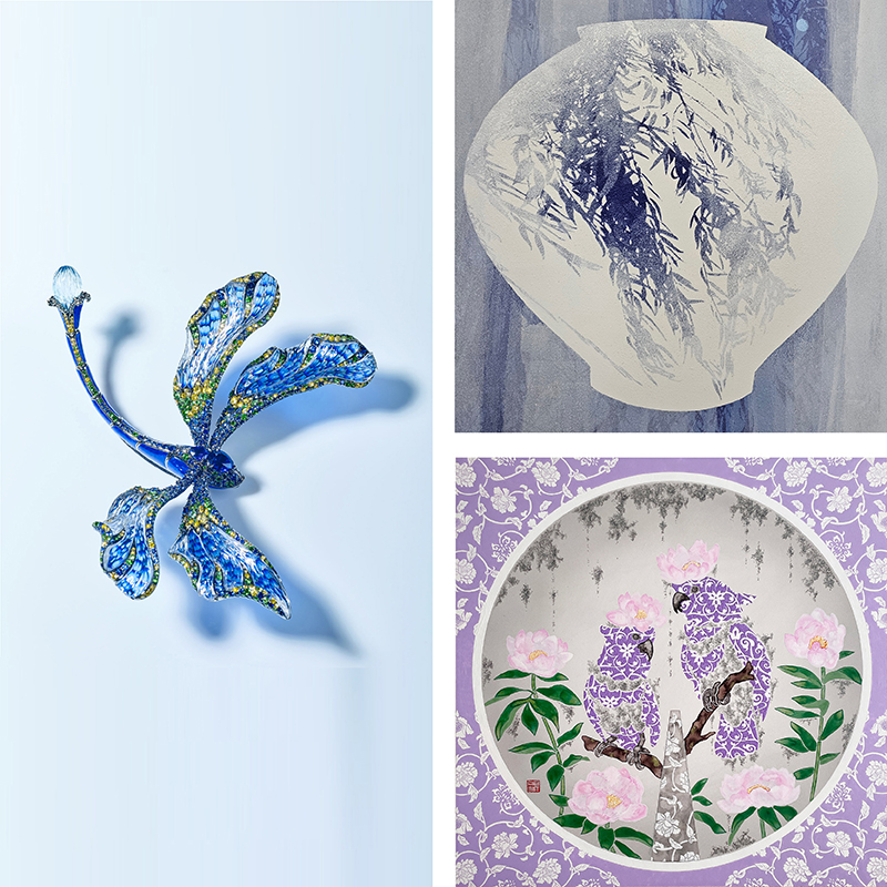 Hotel Artz Fair Unveils Global Lineup Featuring Basquiat Showcase and ULTRAMAN’s First-Ever Art Collaboration Outside Japan (Left) Dragonfly Fish, Ho Siu Chong, CHONG HO ART JEWELRY, Room 4518; (Top Right) Landscape (detail), Kim Hoe-won, Gallery ANN, Room 4505; (Bottom Right) Peony and Parrots, Hisahiro Fukasawa, William Chan Design, Room 4521