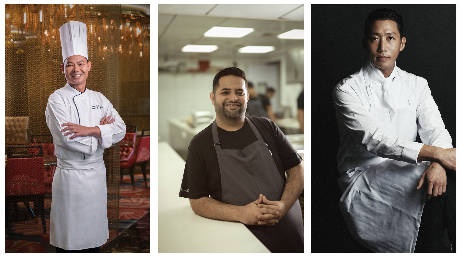 Galaxy Macau Presents Tatler Off Menu (From left) Chef Chek Keong Chan, Chef Varun Totlani, and Chef Min-Chul Kang will be leading the “Sky” category of Galaxy Macau Presents Tatler Off Menu.