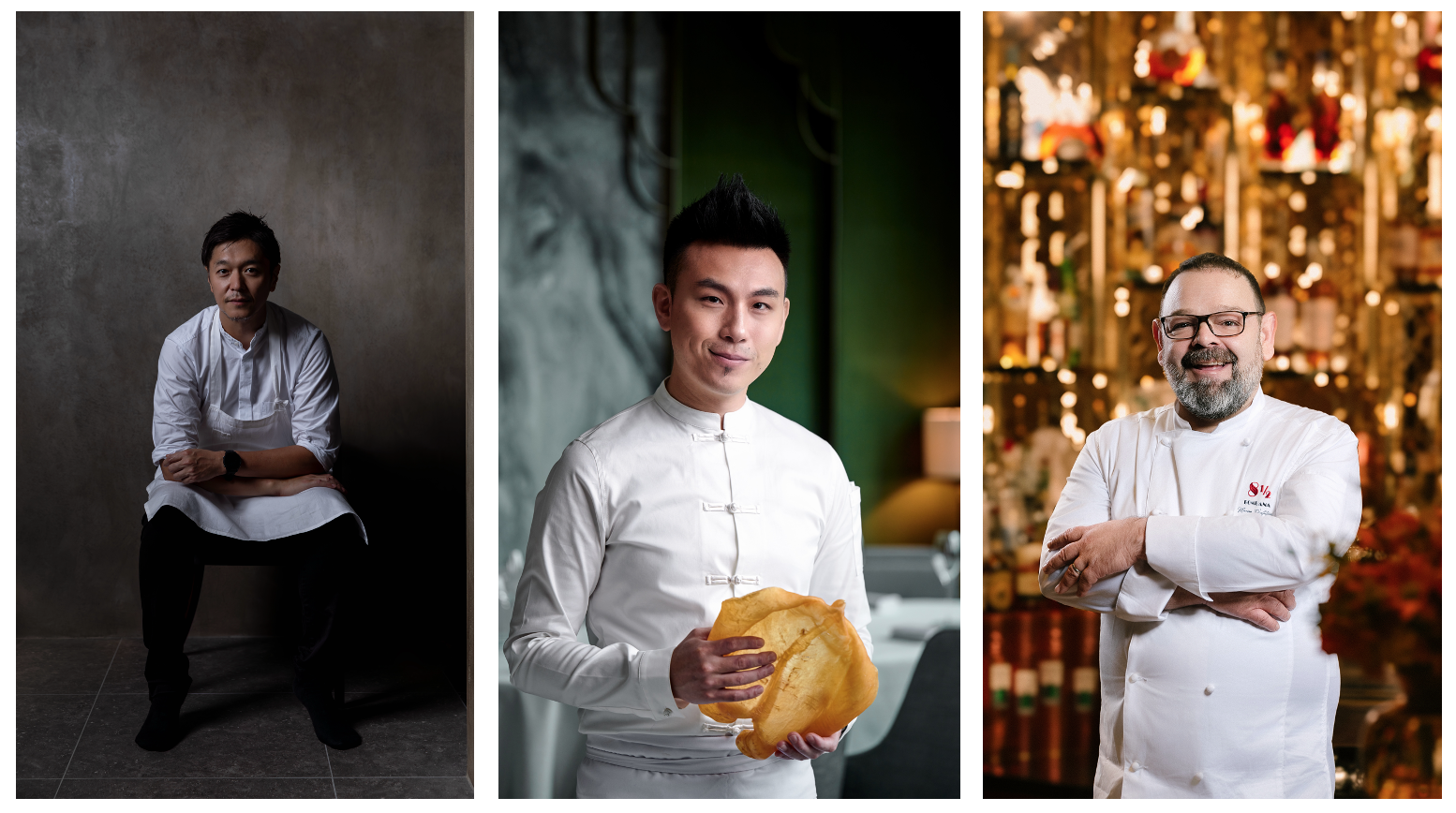 Galaxy Macau Presents Tatler Off Menu (From left) Chef Hiroyasu Kawate, Chef Vicky Cheng, and Chef Marino D’Antonio will be leading the “Land” category of Galaxy Macau Presents Tatler Off Menu.