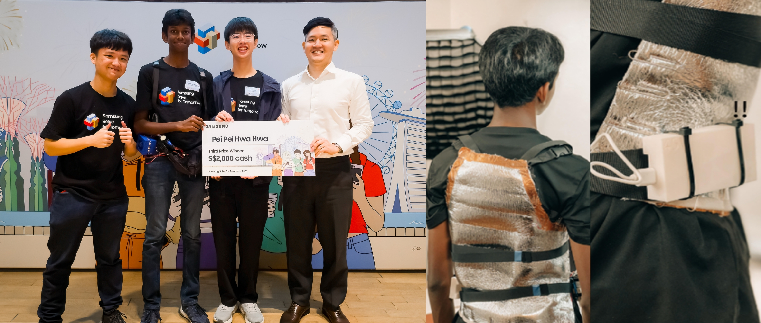 Edgefield Secondary School Students Clinch Top Honours at the Samsung Solve for Tomorrow 2025 Competition Team Pei Pei Hwa Hwa receiving their prize from Timothy Low, Chief Operating Officer, Tri-Sector Associates (left) and a prototype of their Ando Hypohidrosis Vest (right).