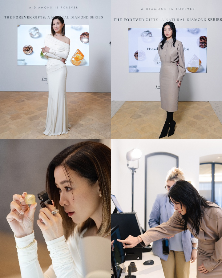 A Diamond is Forever And Lane Crawford Launch "The Forever Gifts: A Natural Diamond Series" Renowned actress Charmaine Sheh (left) and fashion trendsetter Hilary Tsui (right) are invited to the event. Charmaine and Hilary discover natural diamonds and experience how diamond detection instruments can distinguish between natural and synthetic diamonds.