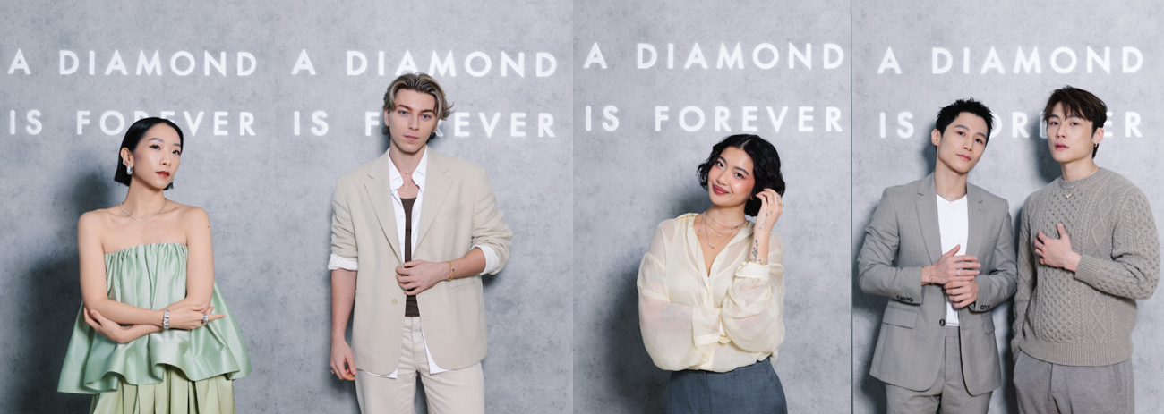A Diamond is Forever And Lane Crawford Launch "The Forever Gifts: A Natural Diamond Series" Left to Right: Fashion stylist Veronica Li, famous influencer Ansheles, international fashion blogger Steph Hui, actor Bruce Tong and actor and singer Chris Tong attend the natural diamond workshop to experience the extraordinary charm of natural diamonds