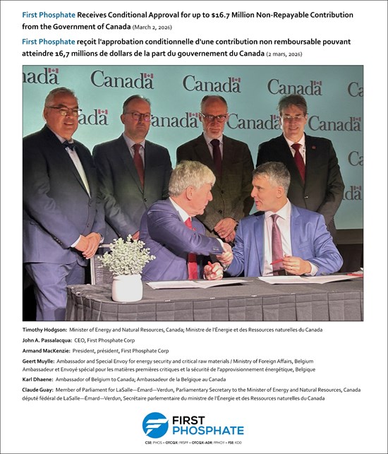 First Phosphate Receives Conditional Approval for up to $16.7 Million Non-Repayable Contribution from the Government of Canada - Alvinology