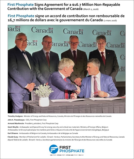 First Phosphate Signs Agreement for a $16.7 Million Non-Repayable Contribution with the Government of Canada - Alvinology