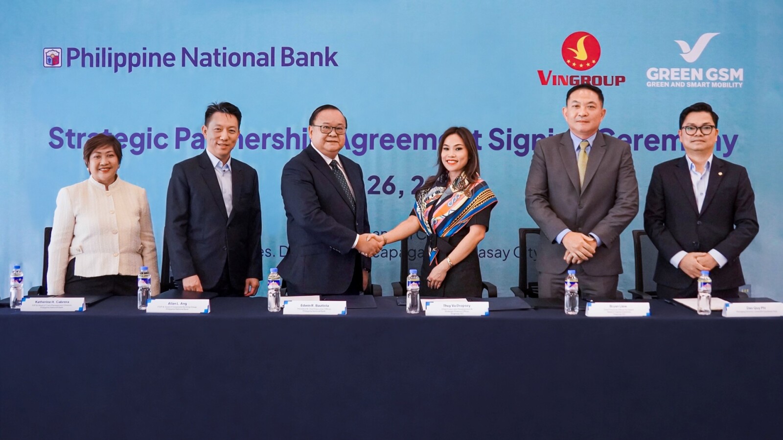Green GSM And PNB Signs Strategic Financial Partnership To Support The Expansion Of All-Electric Mobility In The Philippines Mr. Edwin R. Bautista, President and Chief Executive Officer of Philippine National Bank (third from left); Ms. Thuy Vu Dropsey, Chief Corporate Development & Strategic Finance Officer at Vingroup (third from right); and Mr. Dao Quy Phi, Managing Director of Green SM Southeast Asia (far right), together with representatives of the parties at the partnership signing ceremony between Green GSM and Philippine National Bank. Under the partnership, PNB provided a PHP 2 billion credit facility to support Green GSM's operational expansion and fleet growth in the Philippines. The facility supported Green GSM's fleet expansion and operating capacity in the Philippines.