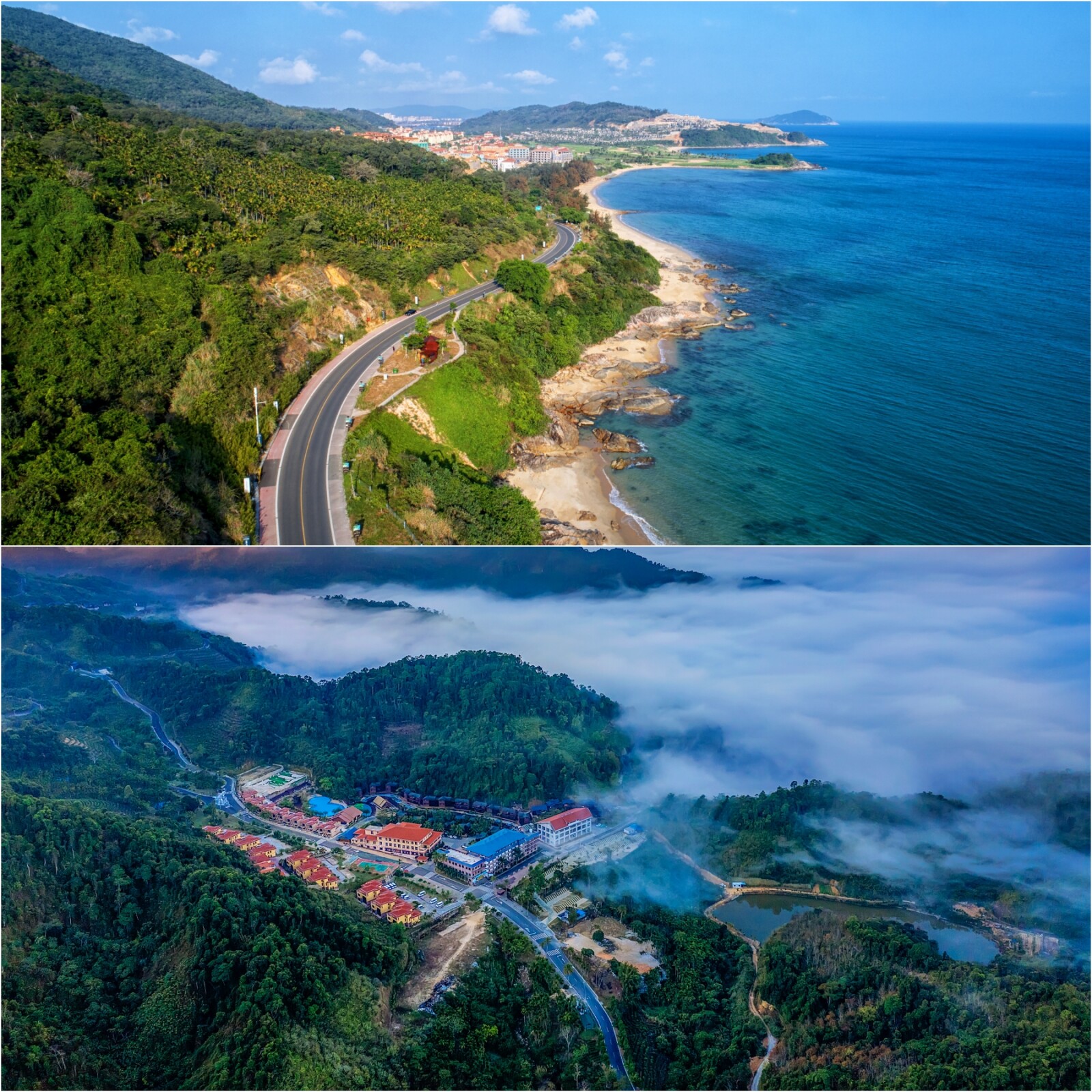 Scenery along the 988-km Hainan Coastal Scenic Highway (top) and the 466-km Tropical Rainforest National Park Tourist Highway (bottom).