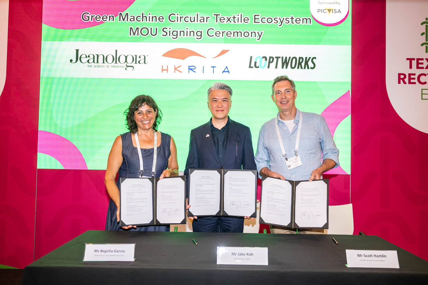HKRITA Signs MoU with Jeanologia and Looptworks to Establish the Green Machine Circular Textile Ecosystem, Marking a Breakthrough in Scalable Textile Recycling Mr Jake Koh, CEO of HKRITA (middle), Ms Begoña García, Jeanologia Global Director of Sustainable Innovation, (left) and Mr Scott Hamlin, Founder and CEO of Looptworks, (right) have signed the MoU for this landmark tripartite initiative, advancing a complete and actionable circular textile ecosystem.
