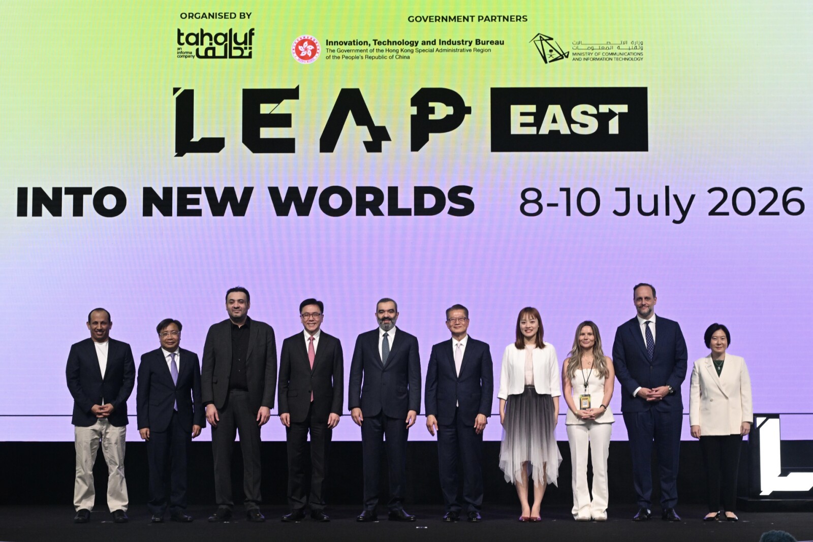 Hong Kong hosts first LEAP East, drawing 35,000 global innovators (From fifth right) Financial Secretary of HKSARG, Paul Chan; the Minister of Communications and Information Technology of Saudi Arabia, Abdullah Alswaha; the Secretary for Innovation, Technology and Industry of HKSARG, Professor Sun Dong, and other guests attend the LEAP East 2026 opening ceremony.